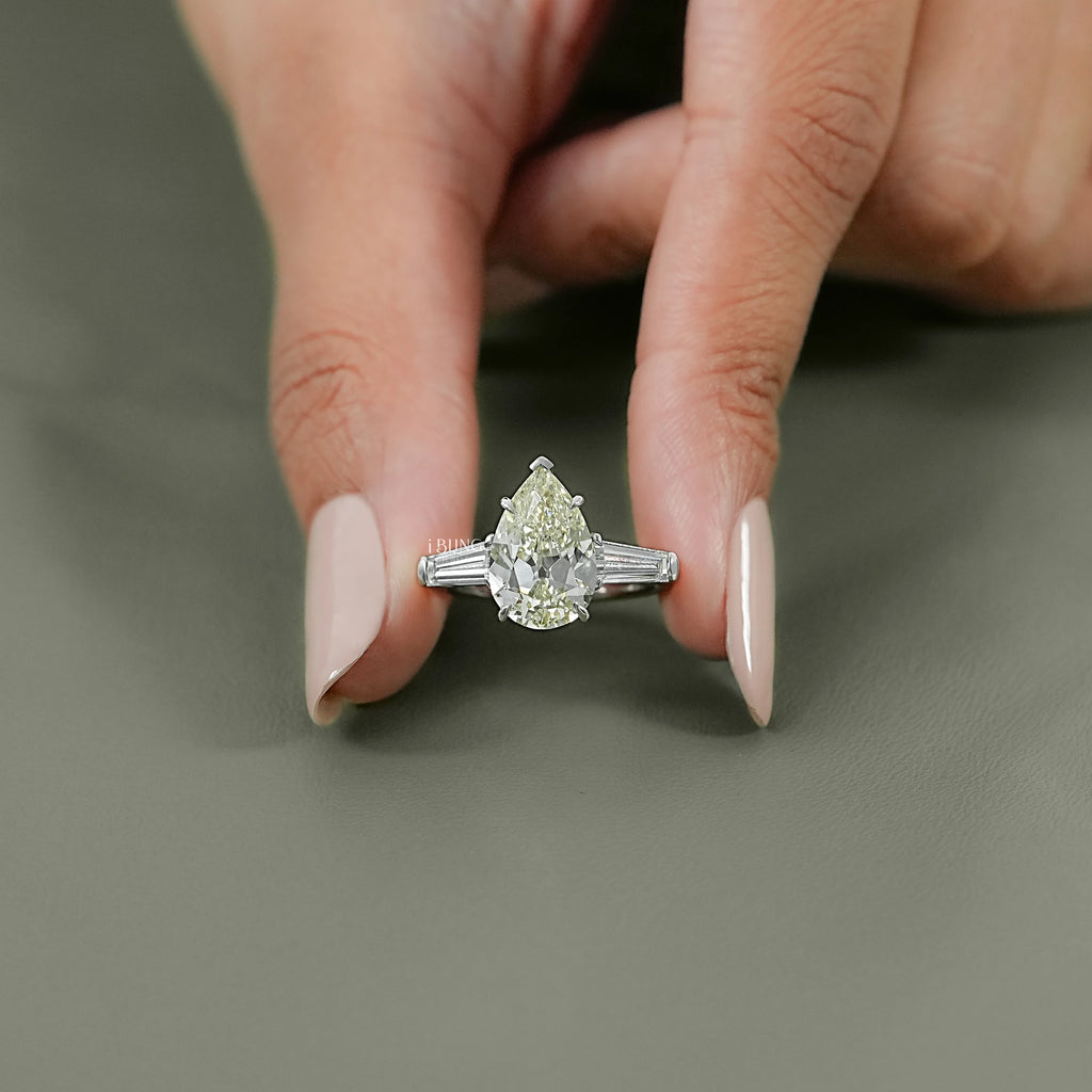 Old Mine Pear Lab Diamond Three Stone Ring