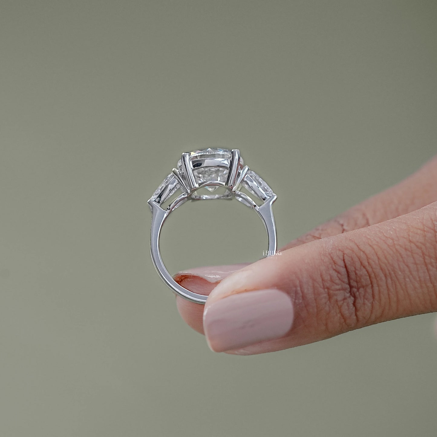 Round Cut Diamond Three Stone Ring With Pear Side Stones Solitaire Ring