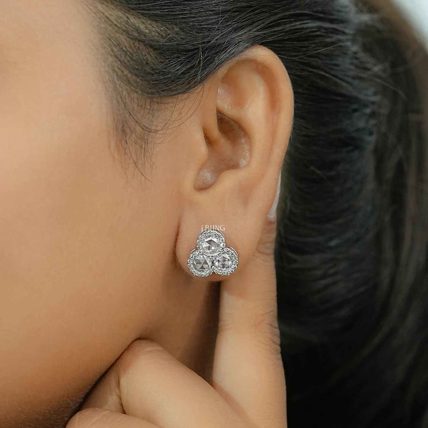 Three Stone Halo Stud Earrings Earrings