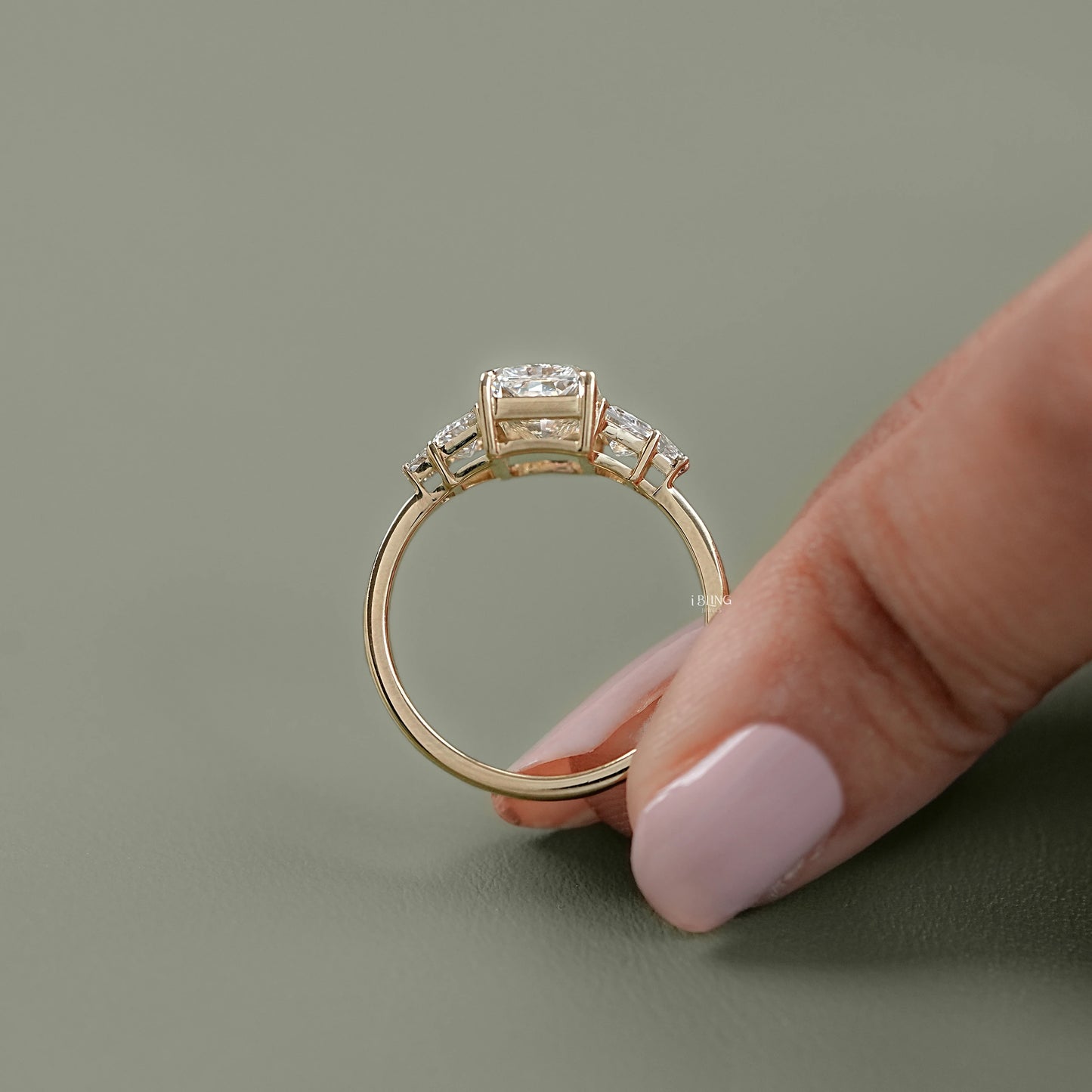 Top view of Radiant Cut Trapezoid Five Stone Lab Grown Diamond Engagement Ring in white gold