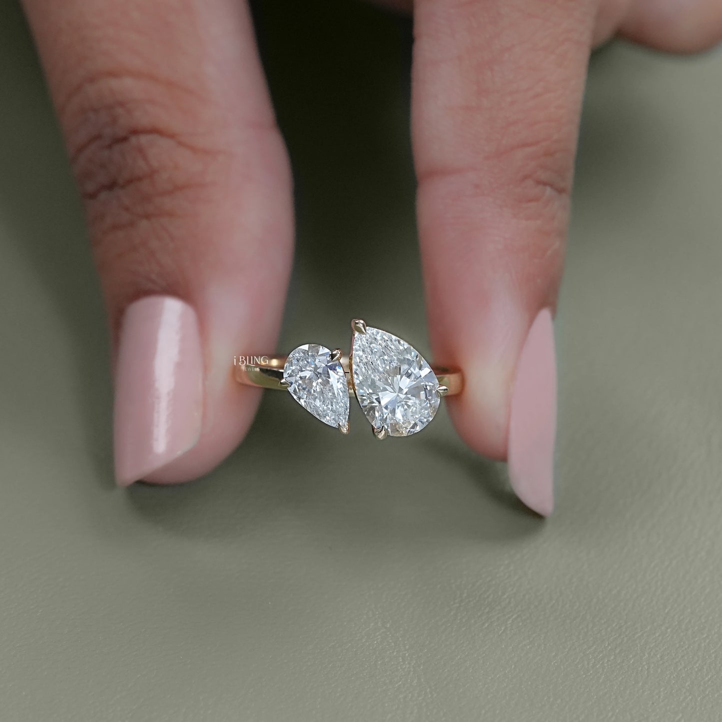 Pear Cut Lab Grown Diamond Toi Moi Engagement Ring Two Stone Ring