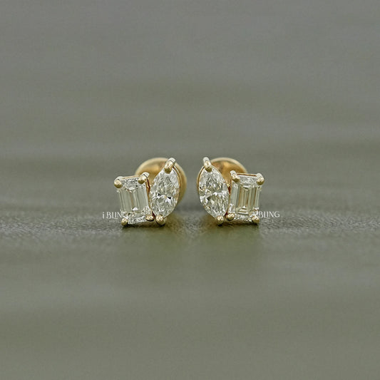 Emerald & Marquise Cut Lab Diamond Screw Back Earrings