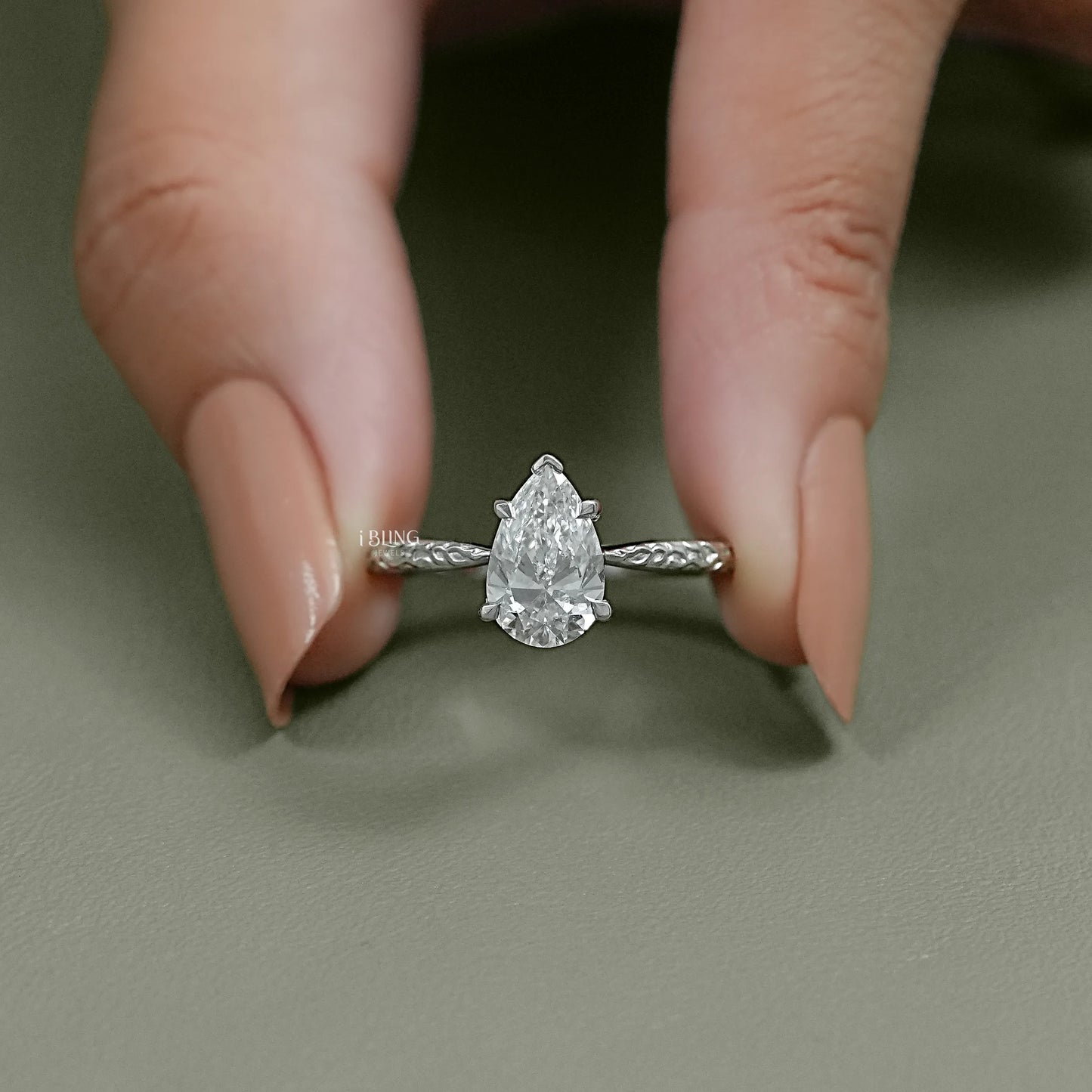 Pear Cut Lab Grown Diamond Ring with Vintage Hand-Engraved Band Solitaire Ring