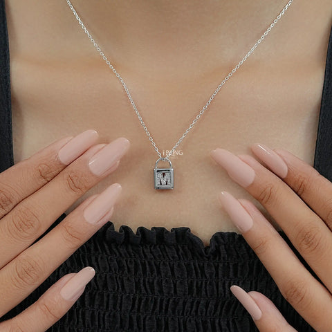 Round Cut Lab Diamond Padlock M Letter Necklace
