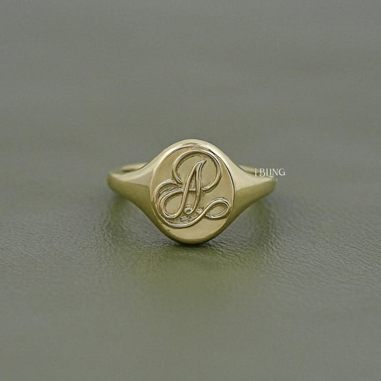 Yellow gold personalized monogram signet ring in USA by iBling Jewels
