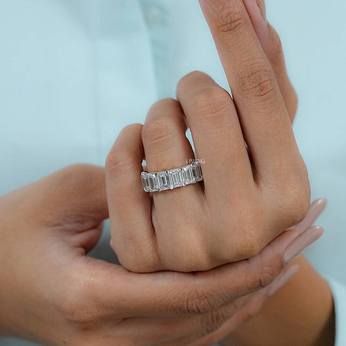 Emerald Lab Diamond Half Eternity Wedding Band Half Eternity